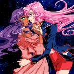  2girls anthy_himemiya art blue_eyes dark-skinned_female dark_skin eye_contact female green_eyes hand_holding himemiya_anthy incipient_kiss lesbian long_hair love multiple_girls nillia_(artist) pink_hair purple_hair revolutionary_girl_utena shoujo_kakumei_utena tenjou_utena utena_tenjou yuri 