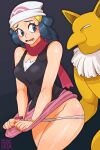 1boy 1girl 1girl anthro black_background blue_eyes blue_hair blush breasts dawn dawn groping hat humanoid hypno looking_back nintendo no_mouth panties pants_down pokemon pokemon_dppt pokemon_rgby standing thick_thighs yellow_body zznakuu