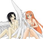 2_girls 2girls angel arm arm_support arms art asuna_kagurazaka bare_legs bare_shoulders black_hair blue_eyes blush breath brown_eyes collarbone convenient_censoring feathers female green_eyes hair_ornament heterochromia kagurazaka_asuna legs long_hair mahou_sensei_negima mahou_sensei_negima! moaning multiple_girls negima nude open_mouth orange_hair sakurazaki_setsuna simple_background sitting small_breasts smile sweat sweatdrop very_long_hair white_background white_wings wince wings yuri