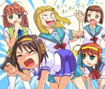  5girls brown_hair cosplay costume_switch crossover female higurashi_akane kimi_ga_nozomu_eien lowres mai_hime multiple_girls my-hime namesake oekaki school_uniform seifuku serafuku short_hair spanked spanking suzumiya_akane suzumiya_haruhi suzumiya_haruhi_no_yuuutsu suzumiya_haruka suzushiro_haruka thighhighs 