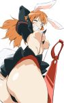  1girl animal_ears ass big_breasts blue_eyes breasts bunny_ears charlotte_e_yeager cosplay crossover from_behind grin kill_la_kill koshimizu_ami large_breasts long_hair looking_back matoi_ryuuko matoi_ryuuko_(cosplay) one_eye_closed orange_hair revealing_clothes school_uniform scissor_blade seiyuu_connection senketsu simple_background skirt smile strike_witches suspenders sword thong umanosuke underboob weapon white_background wink 