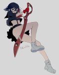  1girl black_hair blue_eyes copyright_name from_below gloves grey_background harano kill_la_kill matoi_ryuuko multicolored_hair panties pantyshot red_hair school_uniform scissor_blade senketsu short_hair simple_background skirt solo sword two-tone_hair underwear upskirt weapon 