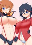 2_girls 2girls big_breasts blush breasts charlotte_e_yeager cosplay costume_switch crossover highres kill_la_kill koshimizu_ami kyoui matoi_ryuuko matoi_ryuuko_(cosplay) multiple_girls seiyuu_connection senketsu smile strike_witches suspenders