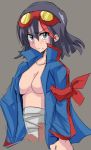  1girl blue_eyes blush breasts cleavage cosplay creator_connection goggles goggles_on_head grey_background kill_la_kill konarofu matoi_ryuuko naked_coat no_bra sarashi short_hair sideboob simon simon_(cosplay) simple_background solo tengen_toppa_gurren_lagann 