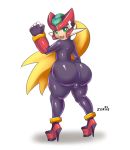 1boy ass backsack blonde_hair capcom crossdressing femboy girly green_eyes high_heels huge_ass long_hair looking_at_viewer looking_back mega_man mega_man_zx skin_tight skin_tight_suit smile trap vent_(mega_man) white_background zeriie