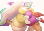 2_girls anthro bakki closed_eyes gigantic_ass gigantic_breasts horn hourglass_figure hugging multicolored_hair my_little_pony princess_celestia sunset_shimmer tattoo winged_unicorn wings