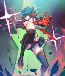  1girl big_breasts black_hair black_legwear boots breasts cameltoe garter_straps grin kill_la_kill large_breasts matoi_ryuuko midriff multicolored_hair ooseru othel_(hatimorris) red_hair revealing_clothes scissor_blade senketsu short_hair skirt smile suspenders sword thigh_boots thighhighs two-tone_hair underboob weapon 