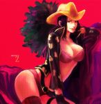 1girl belt black_hair bra breasts cleavage cowboy_hat hat large_breasts nico_robin one_piece one_piece_film_z red_bra red_legwear smile solo thighhighs tsuyomaru underwear