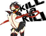  1girl black_hair blue_eyes blush breasts embarrassed kill_la_kill krat matoi_ryuuko miniskirt multicolored_hair navel revealing_clothes scissor_blade senketsu short_hair simple_background skirt stockings suspenders sword thighhighs two-tone_hair underboob weapon white_background 