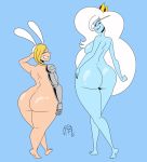 1girl 2_girls adventure_time ass big_ass blonde_hair blue_skin bubble_butt closed_eyes dat_ass female_only fionna_the_human frostbiteboi grin ice_queen long_hair mechanical_arm nude shiny shiny_skin smile walking white_hair wide_hips