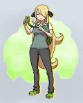  1girl big_breasts blonde_hair blush breasts cosplay cynthia frown habatakuhituji hair_ornament hair_over_one_eye hips knees large_breasts legs long_hair nintendo open_mouth pokemon pokemon_(game) pokemon_xy purple_eyes shirona_(pokemon) shoes solo sweater_vest toroba_(pokemon) toroba_(pokemon)_(cosplay) very_long_hair 