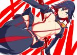 1girl arm_behind_back black_legwear blue_eyes blue_hair breasts kill_la_kill looking_at_viewer matoi_ryuuko multicolored_hair navel red_hair revealing_clothes scissor_blade senketsu shinku_p short_hair skirt smile solo stockings sword thighhighs two-tone_hair weapon