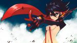  1girl black_hair blue_eyes breasts cloud cloudy_sky hell_machina hell_machina_(1009056) high_res highres kill_la_kill living_clothes matoi_ryuuko multicolored_hair navel school_uniform scissor_blade senketsu short_hair sky smile solo suspenders two-tone_hair weapon 