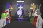  1girl anthro big_breasts bodysuit breasts clothing cubikore falco_lombardi fox_mccloud fur furry huge_breasts krystal nintendo peppy_hare skinsuit slippy_toad standing star_fox tight_clothing unzip video_games 