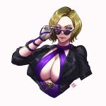  1girl adjusting_eyewear adjusting_glasses adjusting_sunglasses alluring big_breasts blonde_hair blue_eyes breasts cleavage cleavage_cutout death_by_degrees dress eyewear female_focus female_only hourglass_figure jacket lipstick looking_over_eyewear looking_over_glasses looking_over_sunglasses makeup namco nina_williams silf sunglasses sweat tagme tekken tekken_1 tekken_2 tekken_3 tekken_4 tekken_5_dark_resurrection tekken_7 tekken_8 tekken_blood_vengeance tekken_bloodline tekken_tag_tournament tekken_tag_tournament_2 tekken_the_motion_picture text tinted_eyewear tora_tora 