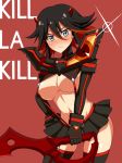  1girl :&lt; black_hair black_legwear blush breasts copyright_name embarrassed gloves grey_eyes hal_(halppoid) haniwagi_(hal) highlights kill_la_kill long_sleeves matoi_ryuuko midriff multicolored_hair navel revealing_clothes scissor_blade senketsu short_hair skirt solo stockings thighhighs underboob weapon 