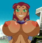 dc_comics dcau green_eyes huge_breasts koriand'r nipples orange_hair pepsiminus presenting_breasts shirt_lift starfire teen_titans