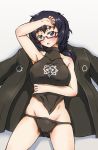  1girl black_hair black_panties blue_eyes blush breast_hold du_dou eshi_(solokov) female girls_und_panzer glasses halterneck haori jacket japanese_clothes looking_at_viewer loose_panties lying messy_hair octagram on_back open_clothes open_mouth oryou_(girls_und_panzer) panties pubic_hair semi-rimless_glasses short_hair solo solokov_(okb-999) under-rim_glasses underwear 