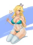 1girl alternate_breast_size big_breasts bikini blonde_hair crown fit_female hair_over_one_eye horizonah221 kneel long_hair mario_(series) nintendo princess_rosalina rosalina stockings super_mario_bros. thick_thighs voluptuous wand