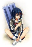 1girl black_hair blue_eyes case eating food fruit highlights jacket kill_la_kill lemon letterman_jacket matoi_ryuuko multicolored_hair red_hair ribbon school_uniform shoes short_hair sitting skirt sneakers socks solo strap strmkk tarachine track_jacket two-tone_hair