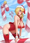 1girl alluring bell bells bent_over blonde_hair blue_eyes blush blushing_at_viewer bow breasts candy_cane christmas christmas_clothing christmas_outfit cleavage deilan12 female_only hair_over_one_eye leotard looking_at_viewer luma mario_(series) neck_ribbon nintendo princess_rosalina ribbon ribbons rosalina santa_hat snow solo_female solo_focus stockings super_mario_bros.