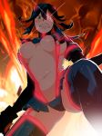 1girl angry big_breasts black_hair black_legwear breasts explosion from_below kill_la_kill living_clothes matoi_ryuuko multicolored_hair navel red_hair revealing_clothes senketsu sharp_teeth short_hair solo stockings thighhighs thighs underboob yellow_eyes yumiya