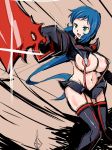 1girl areola areola_slip areolae big_breasts black_legwear blue_hair breasts cosplay green_eyes gundam gundam_build_fighters iori_rinko kill_la_kill large_breasts living_clothes long_hair matoi_ryuuko matoi_ryuuko_(cosplay) milf navel parody ponytail revealing_clothes rickert_kai rinko_iori scissor_blade season_connection senketsu skirt solo stockings style_parody sword thighhighs very_long_hair weapon