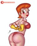 1girl ass bare_shoulders big_ass blush bottomwear bra breasts brown_eyes cartoon_network dexter's_laboratory dexter's_mom doc.b earrings female female_focus female_only gloves handwear mama mature mature_female mature_woman milf orange_hair panties partially_clothed red_bra red_hair red_panties red_underwear redhead shirt short_hair topwear underwear white_background wide_hips yellow_gloves yellow_handwear