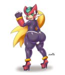 1boy ass backsack blonde_hair capcom crossdressing femboy girly green_eyes high_heels huge_ass long_hair looking_at_viewer looking_back mega_man mega_man_zx skin_tight skin_tight_suit smile thong trap vent_(mega_man) white_background zeriie