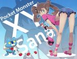  1girl ass bag bent_over blush brown_hair character_name denim denim_shorts erokosei eyelashes froakie from_behind green_eyes handbag high_res highres kinnotama_(erokosei) kneepits legs long_hair looking_back midriff nintendo poke_ball pokemon pokemon_(game) pokemon_xy purse quad_tails sana_(pokemon) shauna shoes short_shorts shorts solo spread_legs 