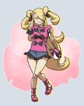 1girl bag big_breasts blonde_hair blush bow breasts closed_eyes cosplay denim denim_shorts habatakuhituji hair hair_ornament hair_over_one_eye handbag high_heels hips knees large_breasts legs long_hair nintendo pokemon pokemon_(game) pokemon_xy purse sana_(pokemon) sana_(pokemon)_(cosplay) shauna shiny shirona_(pokemon) shoes short_shorts shorts simple_background smile solo standing thigh_gap twin_tails twintails very_long_hair wristband