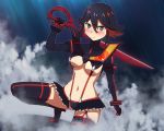  1girl black_hair black_legwear blue_eyes breasts embarrassed hashi high_heels kill_la_kill kneel kneeling living_clothes matoi_ryuuko midriff navel red_hair revealing_clothes scissor_blade senketsu short_hair skirt solo stockings sword thighhighs weapon 