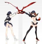  1girl ass black_hair boots breasts dual_persona high_heels kill_la_kill matoi_ryuuko multicolored_hair navel panties pantyshot pantyshot_(standing) pinki_(shounenkakuseiya) red_hair reflection revealing_clothes school_uniform scissor_blade senketsu short_hair skirt smile standing stockings suspenders sword thigh_boots thighhighs trigger_(company) two-tone_hair underboob underwear upskirt weapon 