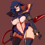  1girl amano_taiki big_breasts black_hair blush breasts embarrassed high_res highres kill_la_kill large_breasts matoi_ryuuko multicolored_hair revealing_clothes scissor_blade senketsu short_hair skirt stockings suspenders thighhighs two-tone_hair underboob weapon 