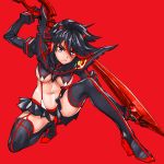 1girl black_hair breasts gloves kill_la_kill looking_at_viewer matoi_ryuuko matsuryuu multicolored_hair navel red_background red_hair revealing_clothes scissor_blade senketsu short_hair simple_background skirt solo stockings suspenders sword thighhighs two-tone_hair weapon