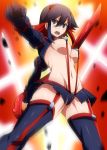  1girl black_gloves black_hair black_legwear blue_eyes breasts clenched_hand fist garter_straps gauntlets gloves highres kill_la_kill matoi_ryuuko midriff miniskirt multicolored_hair navel no_bra open_mouth red_hair revealing_clothes scissor_blade senketsu sideboob skirt sling_bikini solo suspenders swimsuit sword thighhighs two-tone_hair umakatsuhai underboob weapon 