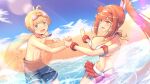  1boy 1girl alluring beach big_breasts bikini blonde_hair blue_eyes canon_couple cleavage glimmer_(xenoblade) goggles inflatable_tube kimagure_ilya nikol_(xenoblade) nintendo ocean orange_eyes red_hair swimming_trunks xenoblade_(series) xenoblade_chronicles_3 xenoblade_chronicles_3:_future_redeemed 