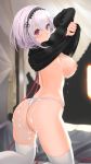  1girl 1girl 1girl :3 ass azur_lane bangs big_breasts black_shirt breasts erect_nipples eyebrows_visible_through_hair from_behind hair_between_eyes high_resolution lace-trimmed_hairband long_sleeves looking_at_viewer looking_back nanam_(nanam_sk) nipples panties red_eyes red_ribbon ribbon shirt shirt_lift short_hair sirius_(azur_lane) smile stockings thighs thong underwear undressing white_hair white_legwear white_panties white_underwear 