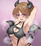  1girl ahegao alternate_species armpits arms_behind_head arms_up artist_name artist_request bare_arms bat_wings black_clothing blush breasts breath brown_hair clavicle cleavage cleavage_cutout clothing_cutout demon_girl demon_horns demon_tail demon_wings eyebrows_visible_through_hair female_focus from_the_waist_up gradient gradient_background heart_cutout heart_tail high_res horns insanely_hot koizumi_hanayo large_breasts looking_at_viewer love_live! love_live!_school_idol_project navel open_mouth purple_eyes seductive_look sexy_pose short_hair solo steam steaming_body swimsuit tail tongue_out underboob underboob_cutout wings 