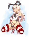 1girl animal_ears black_panties blonde_hair blue_eyes blush bunny_ears clothed_masturbation elbow_gloves erection full-package_futanari futanari gloves hairband half-closed_eyes highleg highleg_panties kantai_collection long_hair masturbation nbo no_shoes panties penis red_legwear sailor_collar shimakaze_(kantai_collection) small_breasts solo squatting striped striped_legwear testicles thighhighs tongue tongue_out uncensored underwear