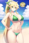  1girl alluring beach big_breasts blonde_hair cleavage green_eyes leafa legs nightcore_(artist) ocean posing rick_dot sea sword_art_online 