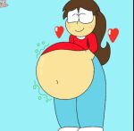   1girl big_belly blush brown_hair cyan_pants female_only fetish happy human_only joshua2021 qgirl red_shirt tagme vore vore_belly