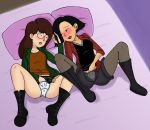  2_girls alternate_version_available bed blush boots clothing daria daria_morgendorffer earrings fufan glasses jacket jane_lane legs_apart looking_at_partner masturbating_under_clothes masturbation on_bed open_shorts panties pantyhose pillows shirt shorts side_by_side skirt skirt_up yuri 