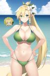 1girl alluring beach big_breasts blonde_hair cleavage green_eyes leafa legs nightcore_(artist) ocean posing rick_dot sea sword_art_online