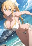  1girl alluring beach_background big_breasts bikini blonde_hair curvy curvy_female green_eyes leafa long_hair looking_at_viewer nightcore_(artist) ponytail ribbon smile sword_art_online voluptuous 