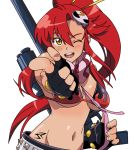 1girl ;) ;d bra brown_eyes cute female_only gun pointing pointing_at_viewer rayluishdx2 red_hair smile solo_female tengen_toppa_gurren-lagann weapon wink yoko_littner