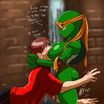  anthro bald big_breasts blush breast_smother breasts brown_hair crossgender english_text female furry genderswap hair huge_breasts human male michelangelo michelangelo_(tmnt) monkeyxflash scalie shell smile teenage_mutant_ninja_turtles text turtle 