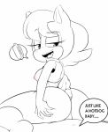 1girl animal_ears ass assjob big_breasts black_eyes blush breasts edit food furry hair hearlesssoul looking_back monochrome nipples penis sally_acorn short_hair smile sonic speech_bubble tail text