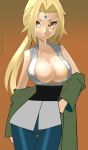 1girl anime blonde_hair brown_eyes cleavage fair-skinned_female female forehead_jewel forehead_mark hairband headband huge_breasts jewelry kimono kumogakure_symbol long_hair naruto naruto_shippuden ninja_headband pale_skin pupilless_eyes qipao tsunade tsunade_senju voluptuous voluptuous_female yellow_hair yukata