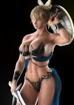  1girl alluring aqua_eyes armored_bra armored_panties athletic_female blonde_hair cassandra_alexandra female_abs fit_female project_soul silf solarius_astera soul_calibur soul_calibur_ii soul_calibur_iii soul_calibur_vi sword_and_shield weapons 